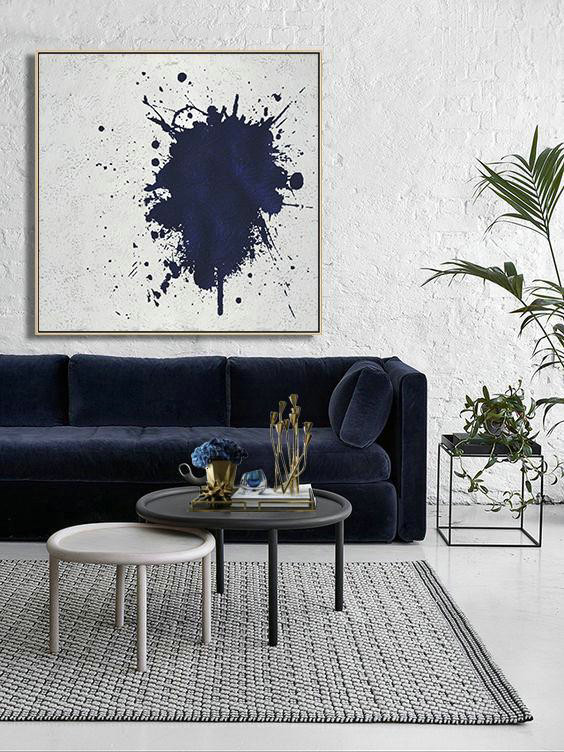 Extra Large Painting,Minimalist Navy Blue And White Painting,Contemporary Art Acrylic Painting